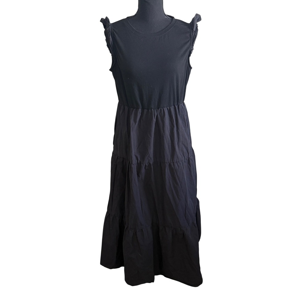 Womens Cottagecore Black Tiered Midi Dress Size L Minimalist Prairie Modest